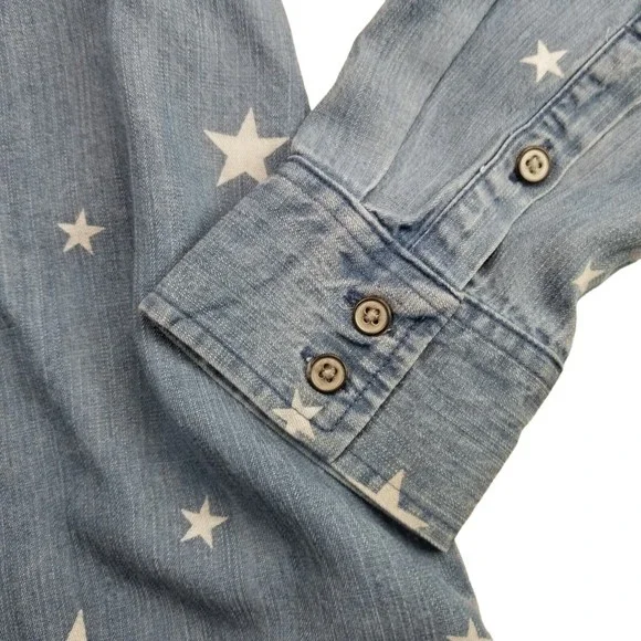 Natural Reflections Button Up Chambray Shirt Womens Sz M Star Print Blue Lyocell - Picture 9 of 14